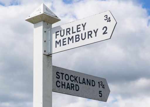 finger post showing distance to Furley, Membury, Stockland and Chard