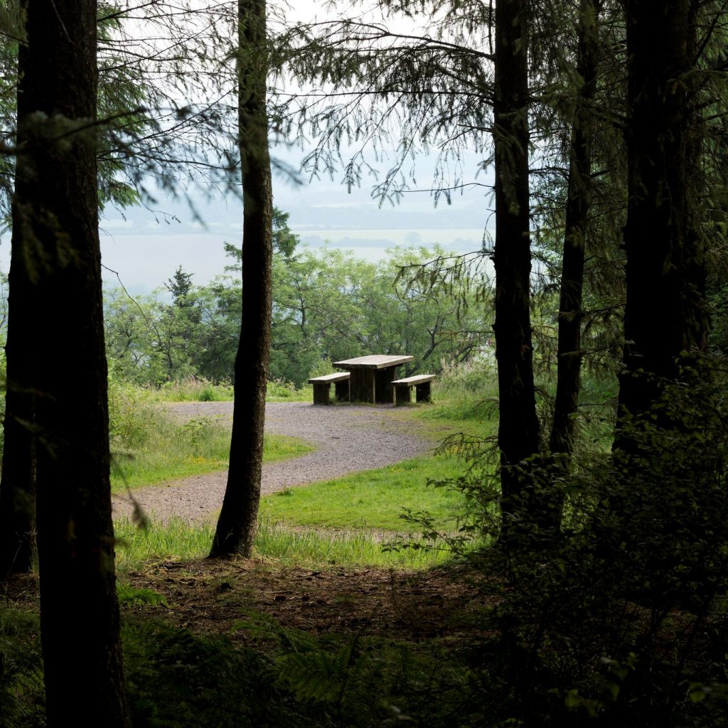 Benches and table overlooking panoramic view north from Staple Hill