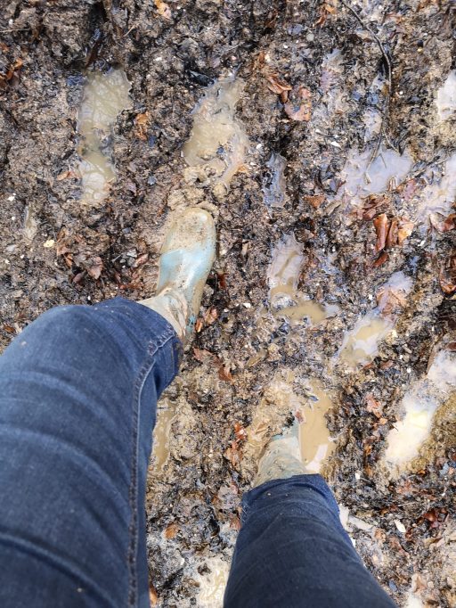 green wellington boots in deep mud