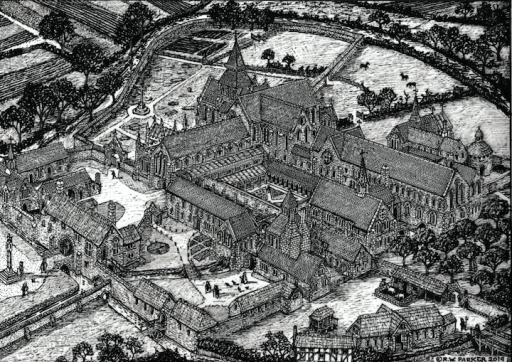 Reconstruction black and white drawing of Dunkeswell Abbey