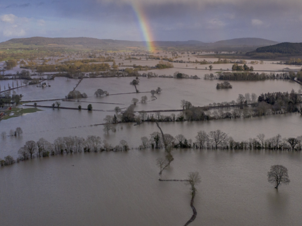 fields flooded surrounding the river culm with rainbow