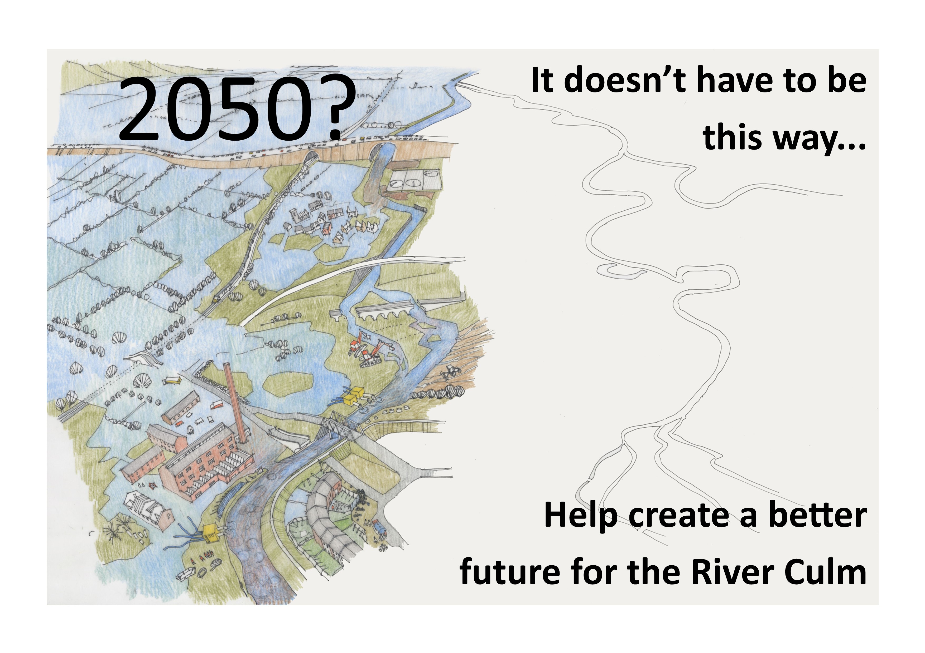 A flood plain on one side of the image, blank on the other side of the image to allow imaginations to fill the gaps