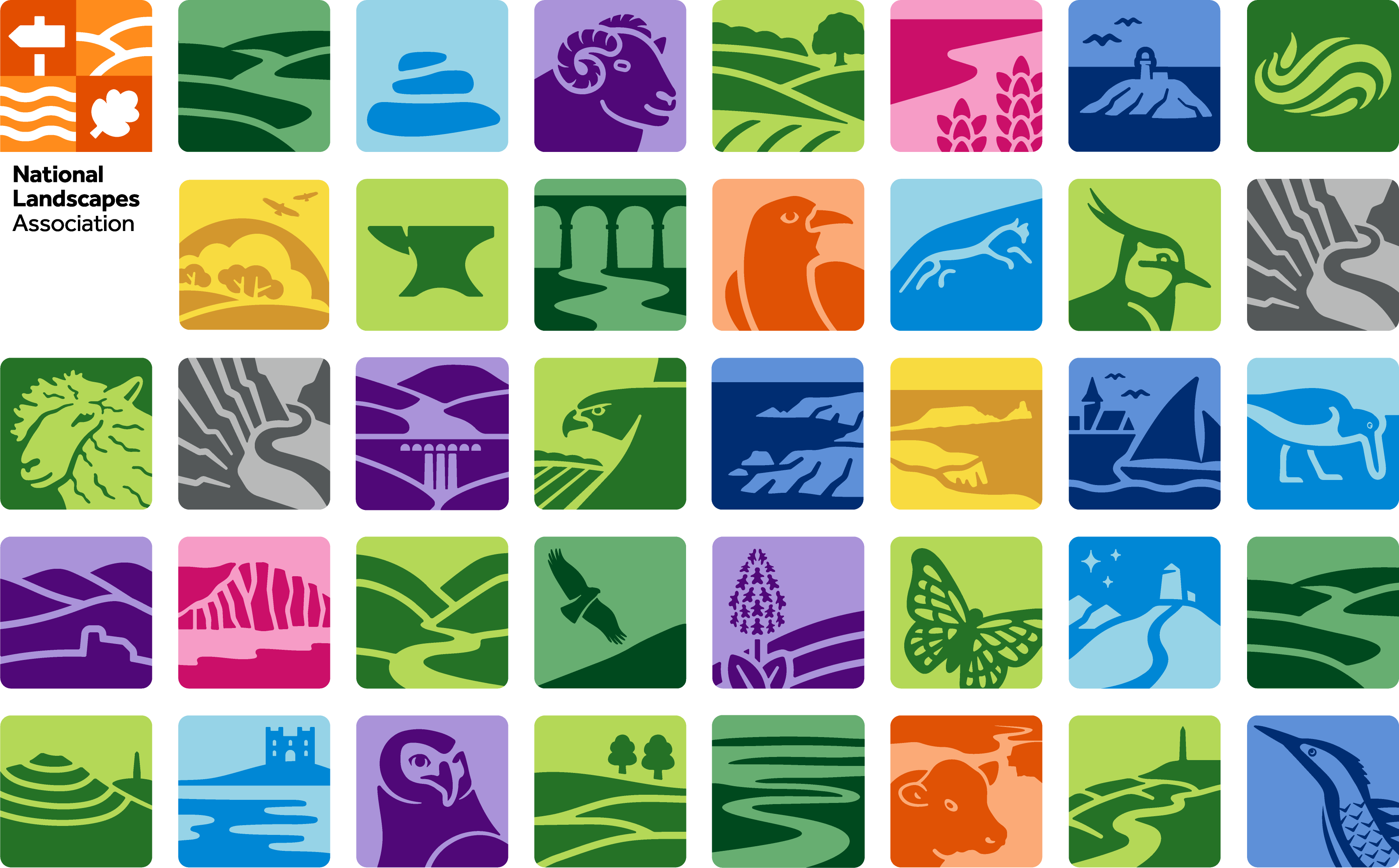 A mosaic of colourful National landscape logos