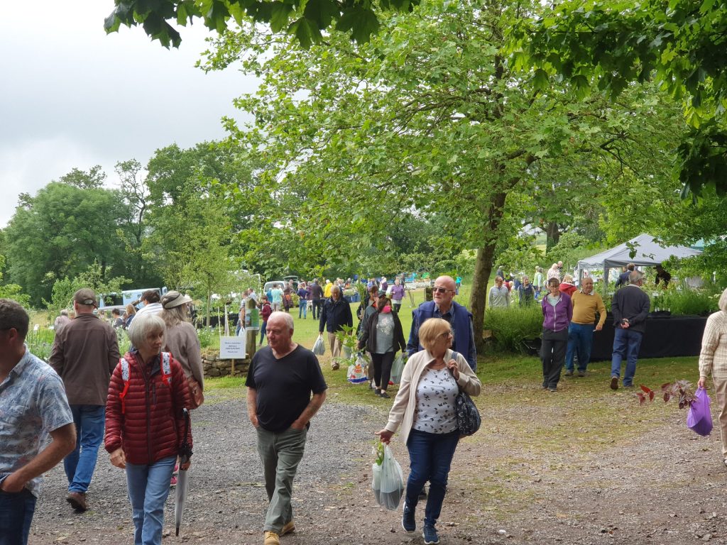 A large group of people carrying plants at a plant fair