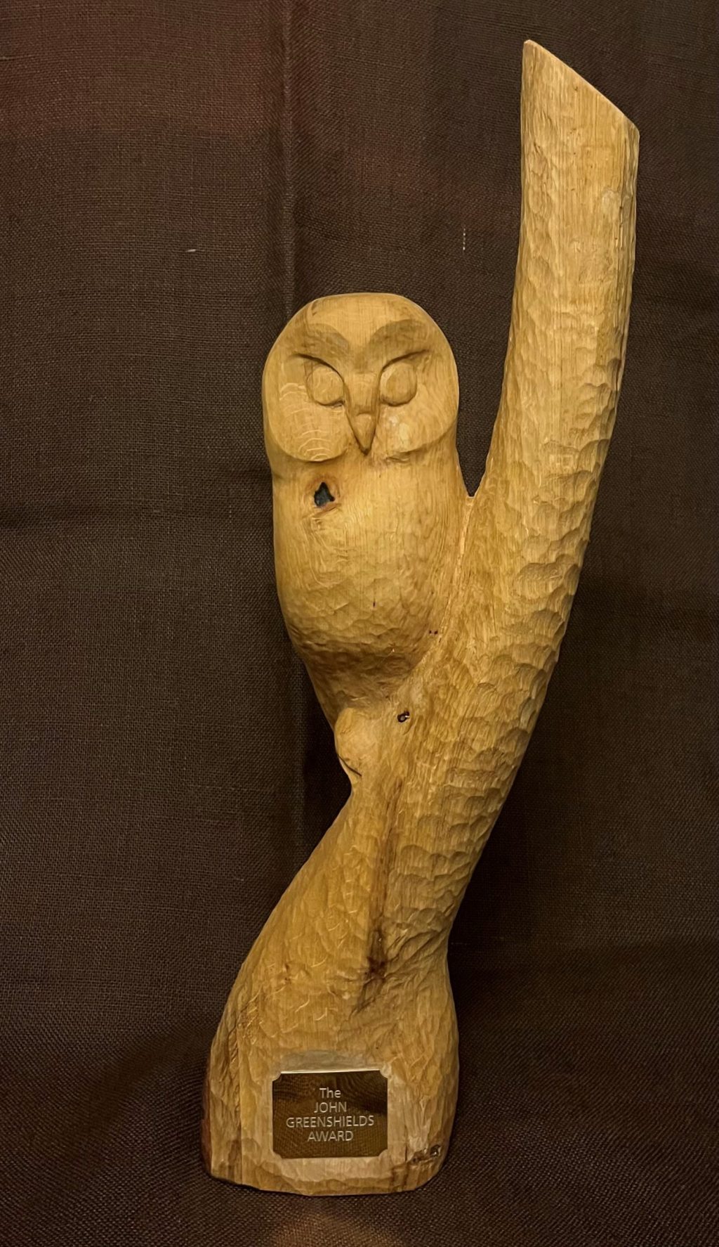 John Greenshields Award wood carved owl sitting on a branch