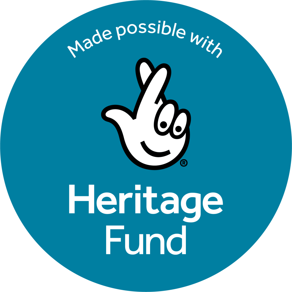 Made possible with Heritage Fund with National Lottery logo showing a hand with crossed fingers and a smiley face