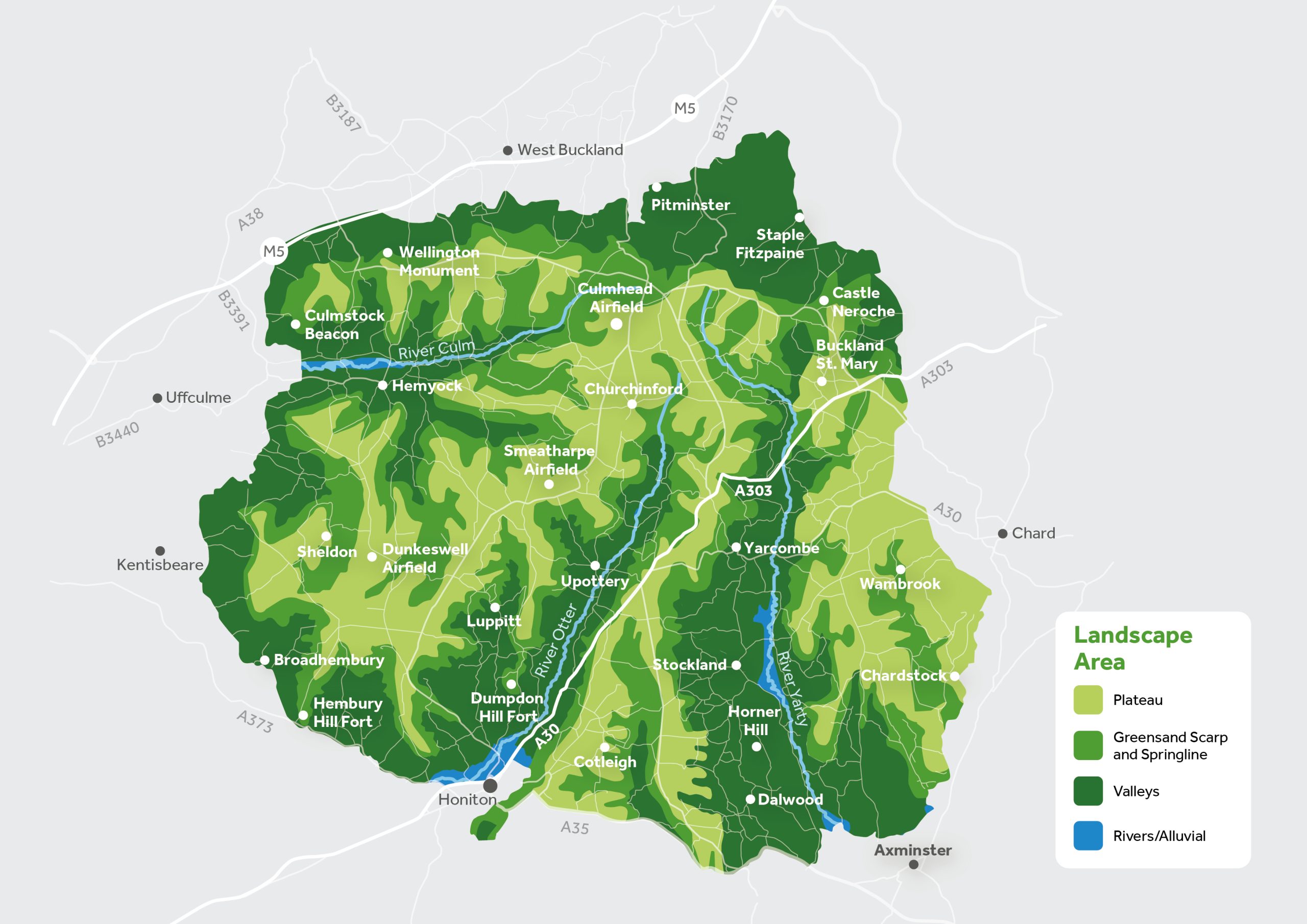 Map of the Blackdown Hills National Landscape showing zones with different soil types.