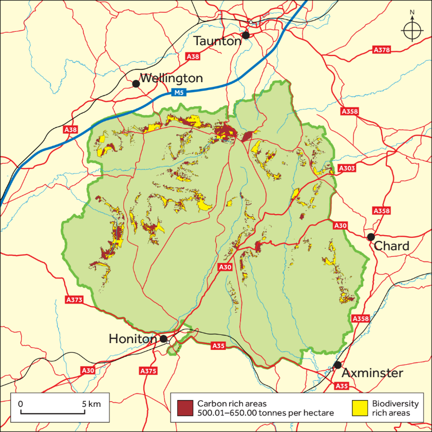 Map showing area of priority habitats within the highest level of organic carbon stocks