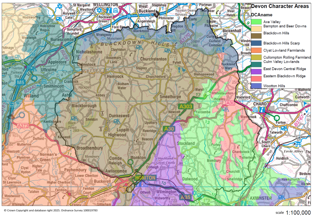 Map showing the Devon landscape character areas in and around the Blackdown Hills.